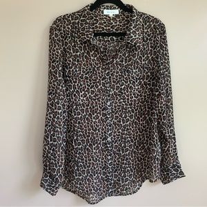 Two by Vince Camuto Women’s Sheer Long Sleeve Button Up Leopard Print Blouse | L